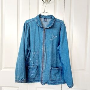 Denim Jacket with Butterfly Embroidery XXL‎ Zip Front Basic Editions